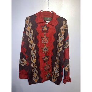 The Peruvian Collection Burgundy Open Front Sweater SZ L Aztec Pattern W Pockets